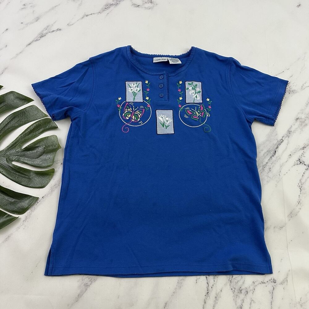Cabin Creek Womens Vintage Embroidered Tee Shirt Size S Petite Blue Butterfly